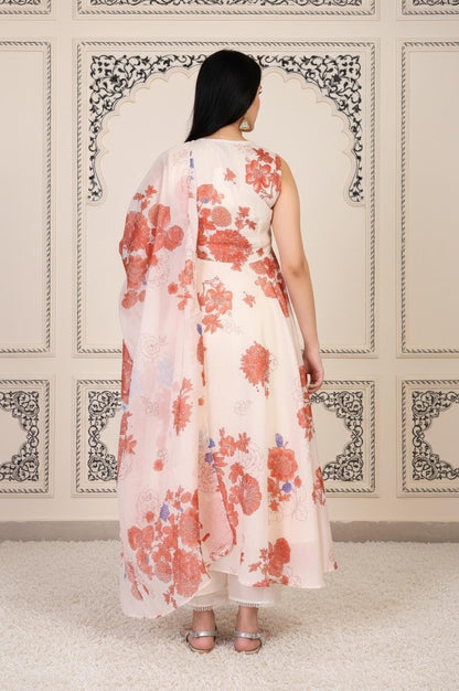 W for Woman Peach Floral Printed Flared Chanderi Kurta with Straight Pant and Dupatta Set