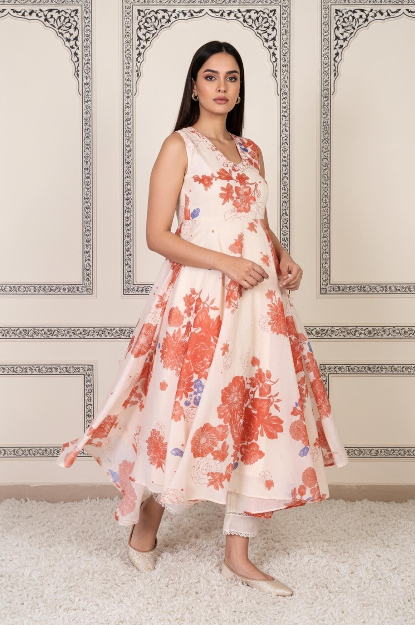 W for Woman Peach Floral Printed Flared Chanderi Kurta with Straight Pant and Dupatta Set