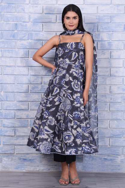W for Woman Grey Floral Printed Kota Flared Kurta, Straight Pant And Dupatta Set