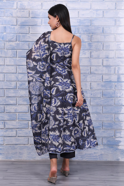 W for Woman Grey Floral Printed Kota Flared Kurta, Straight Pant And Dupatta Set