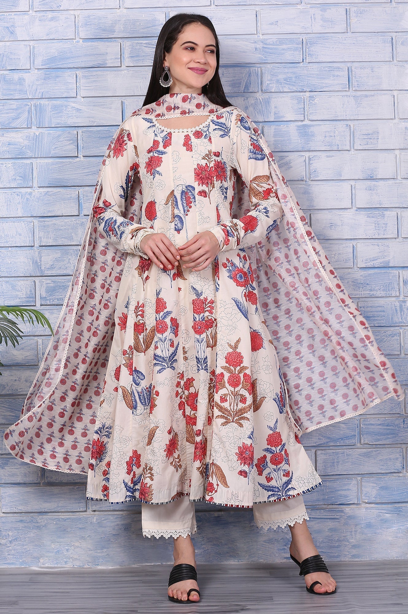 W for Woman Off-White Floral Printed Pure Cotton Anarkali Kurta, Pants and Dupatta Set