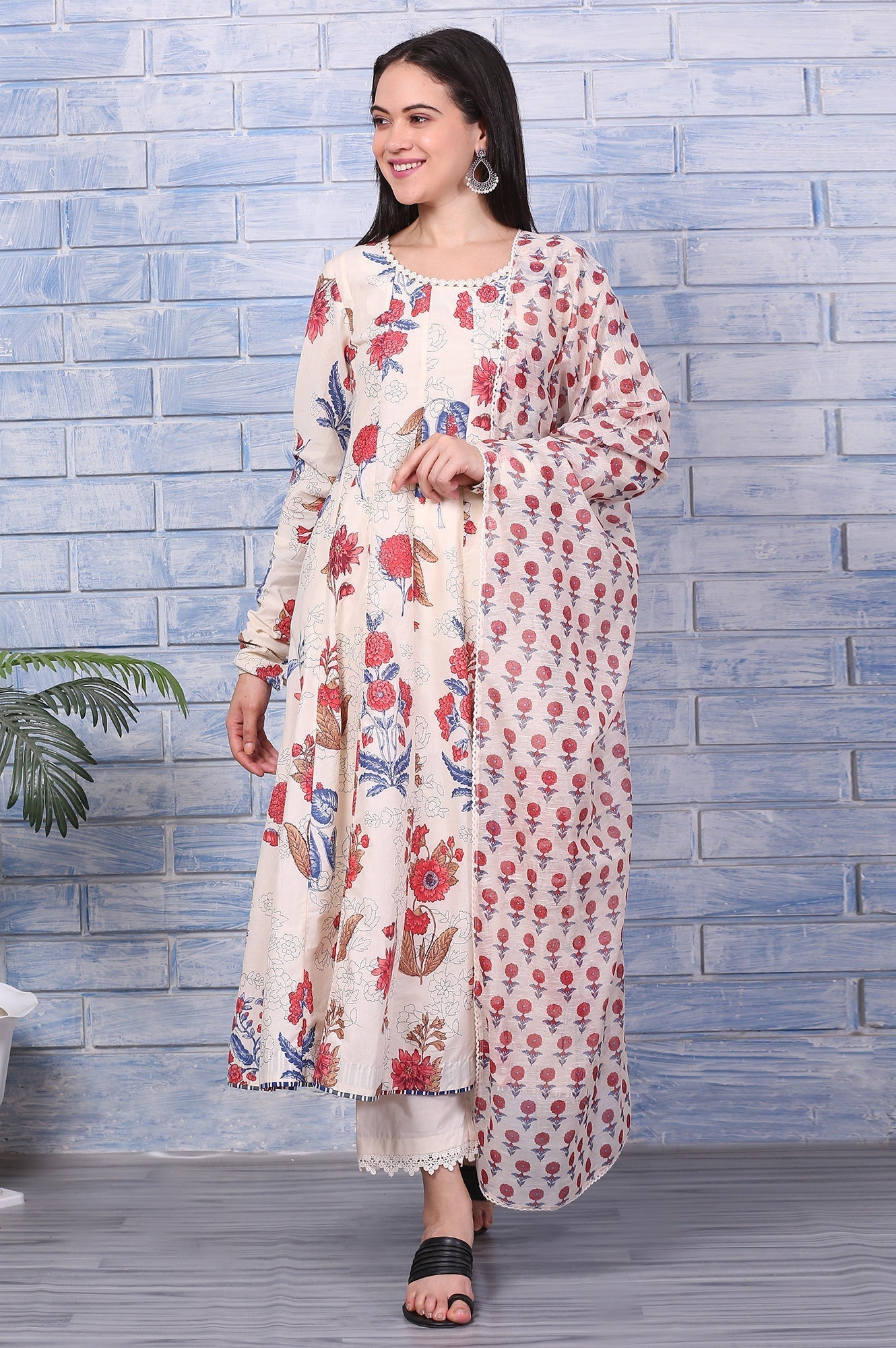 W for Woman Off-White Floral Printed Pure Cotton Anarkali Kurta, Pants and Dupatta Set