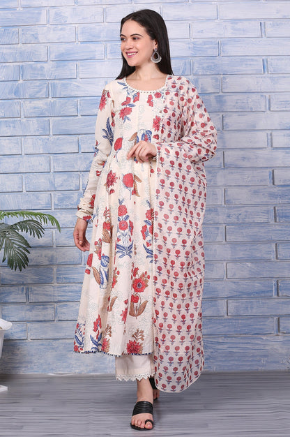 W for Woman Off-White Floral Printed Pure Cotton Anarkali Kurta, Pants and Dupatta Set