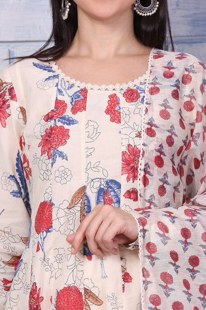 W for Woman Off-White Floral Printed Pure Cotton Anarkali Kurta, Pants and Dupatta Set
