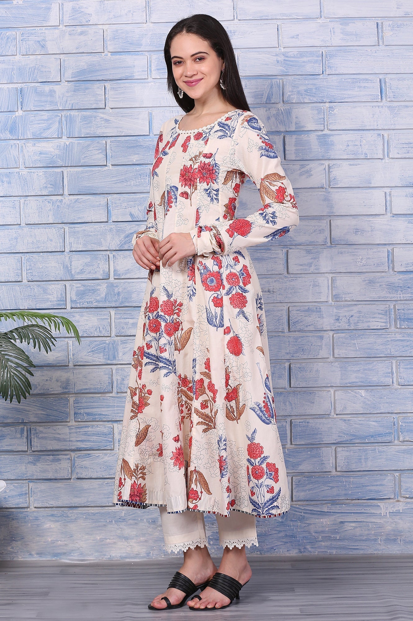 W for Woman Off-White Floral Printed Pure Cotton Anarkali Kurta, Pants and Dupatta Set