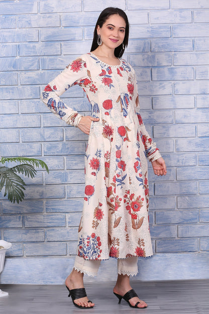 W for Woman Off-White Floral Printed Pure Cotton Anarkali Kurta, Pants and Dupatta Set