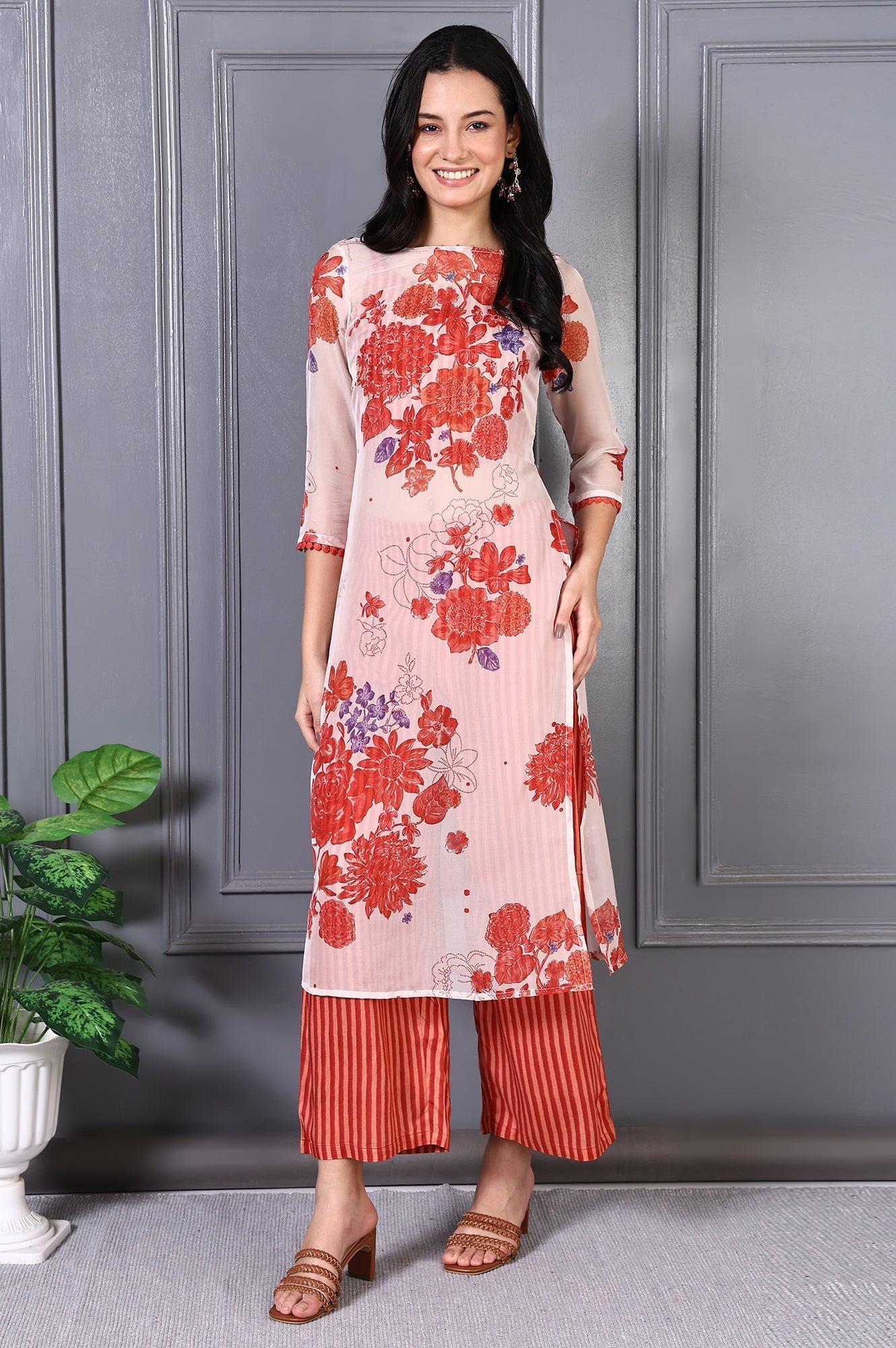 W for Woman Orange Floral Printed Lace Organza A-line Sheer Kurta, Crop Top and Pants Set