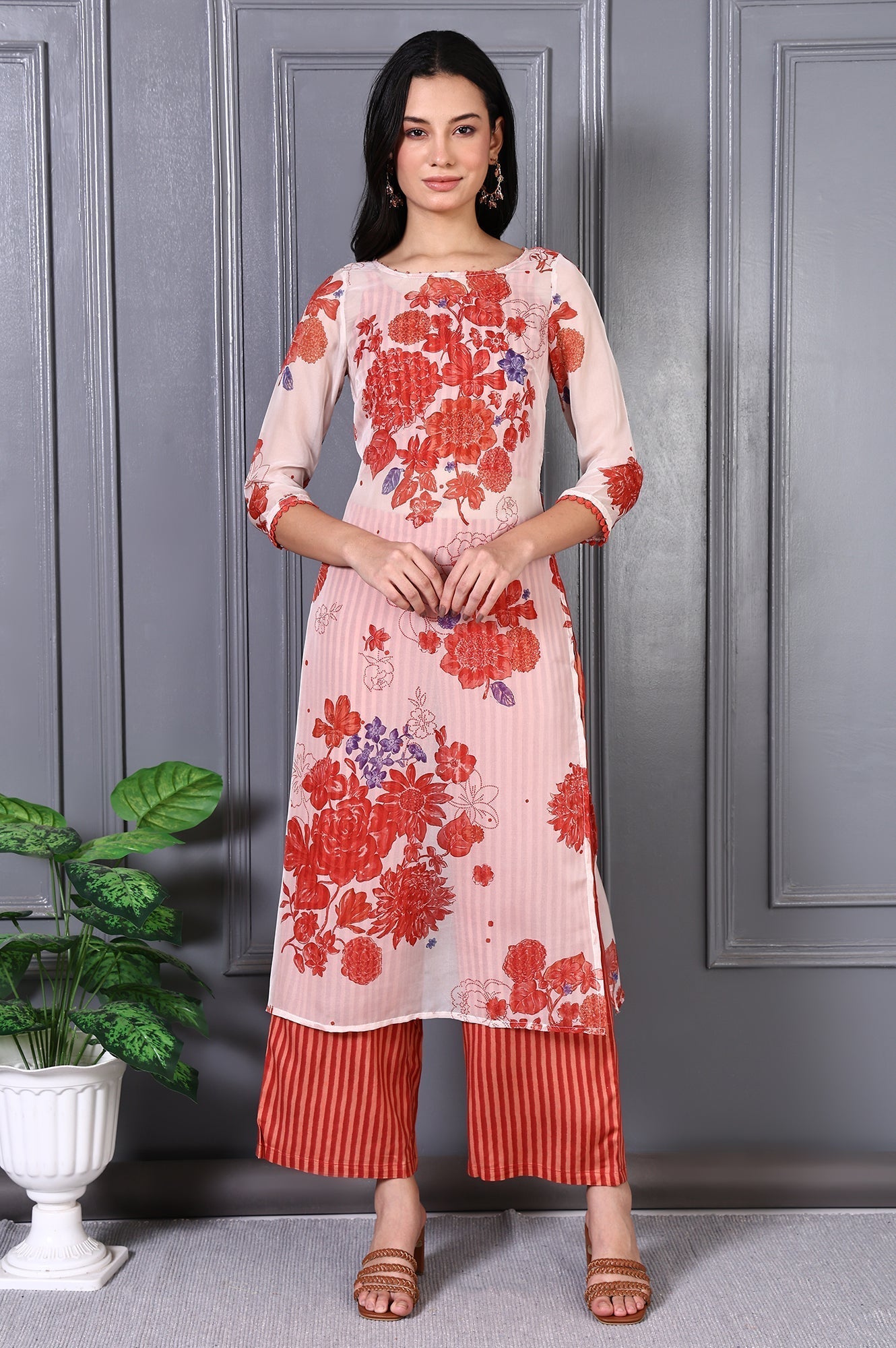 W for Woman Orange Floral Printed Lace Organza A-line Sheer Kurta, Crop Top and Pants Set