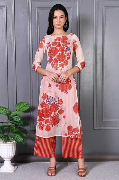 W for Woman Orange Floral Printed Lace Organza A-line Sheer Kurta, Crop Top and Pants Set
