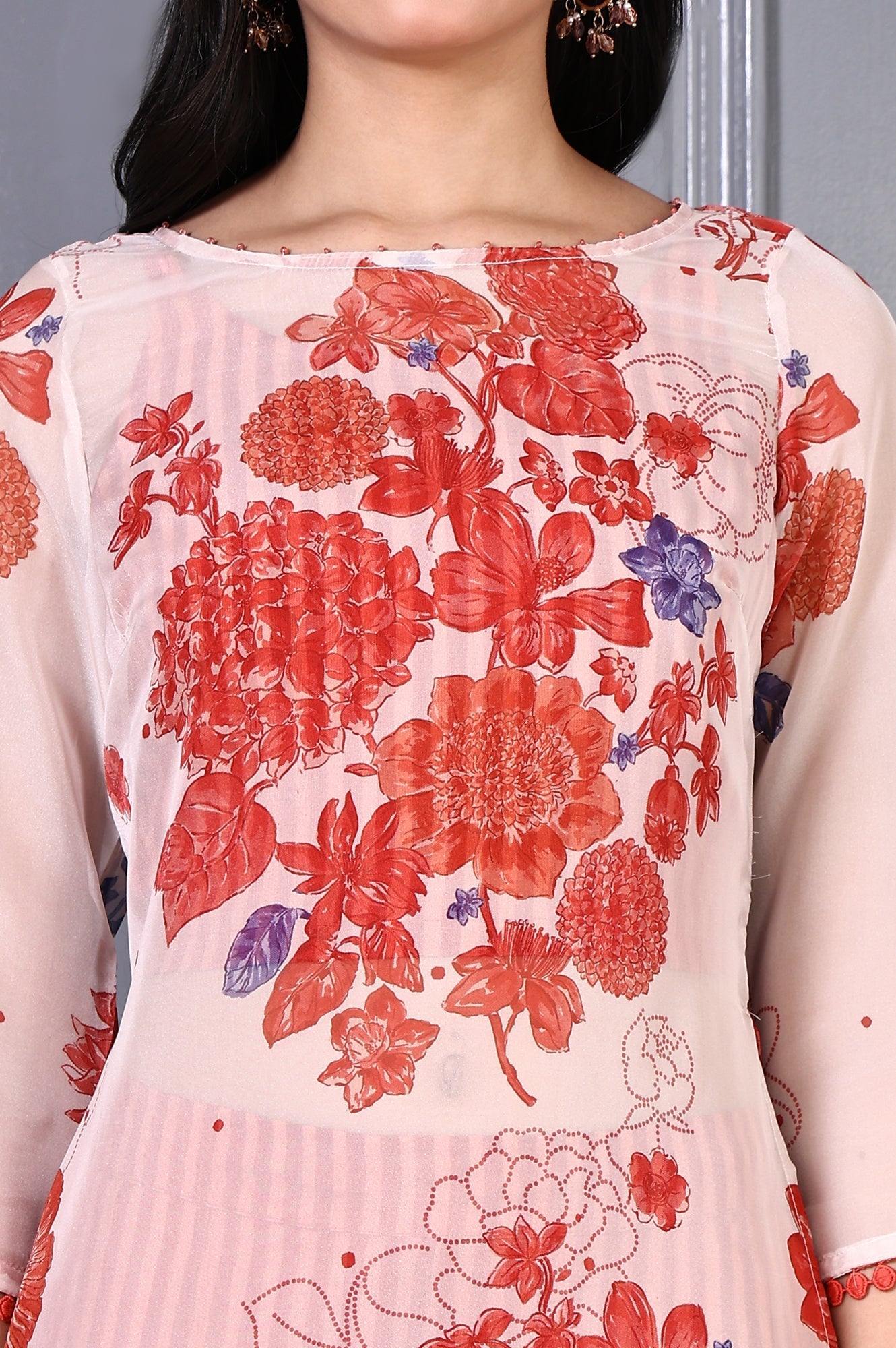 W for Woman Orange Floral Printed Lace Organza A-line Sheer Kurta, Crop Top and Pants Set