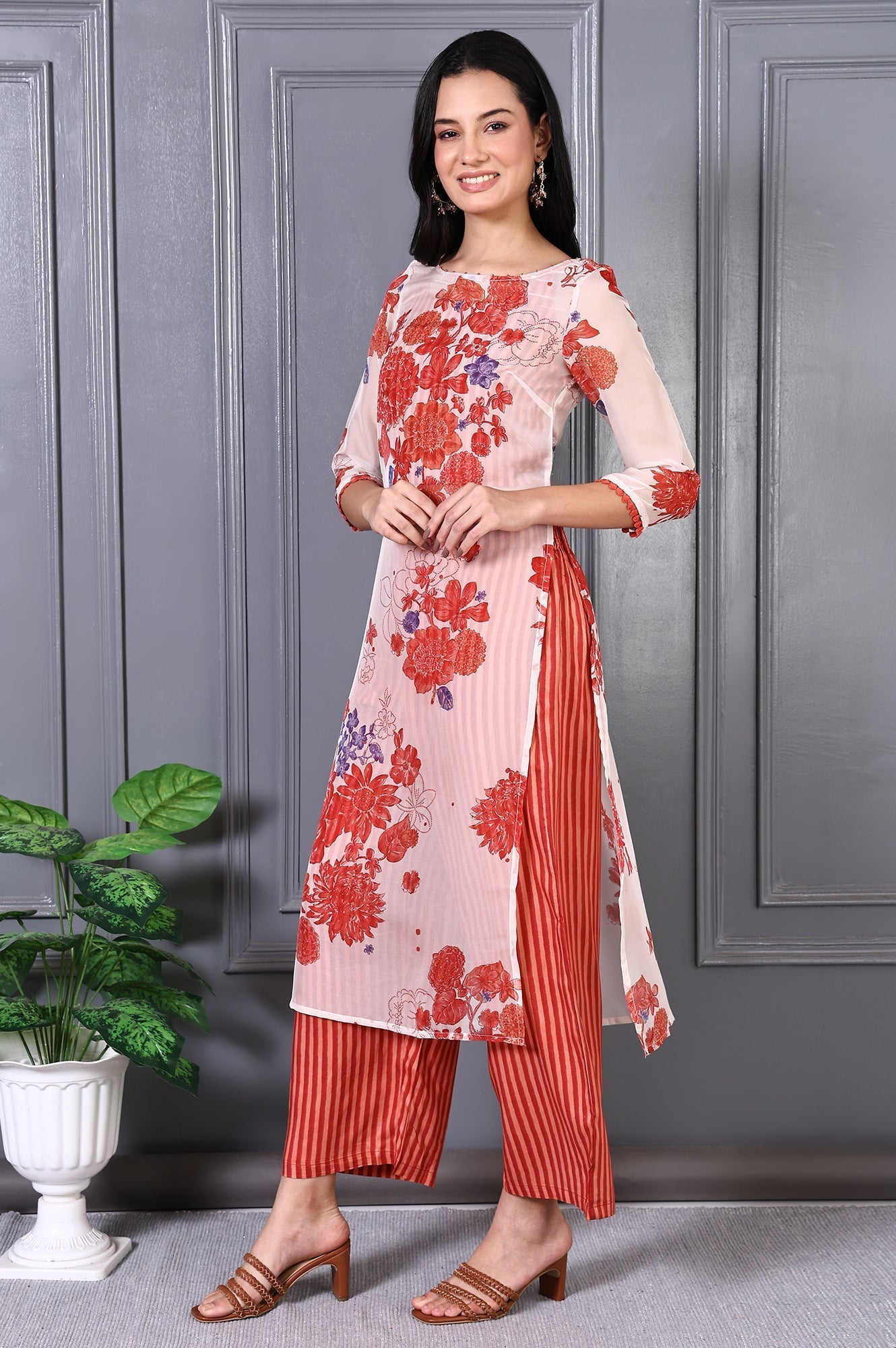 W for Woman Orange Floral Printed Lace Organza A-line Sheer Kurta, Crop Top and Pants Set