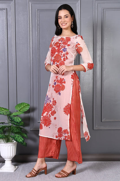 W for Woman Orange Floral Printed Lace Organza A-line Sheer Kurta, Crop Top and Pants Set