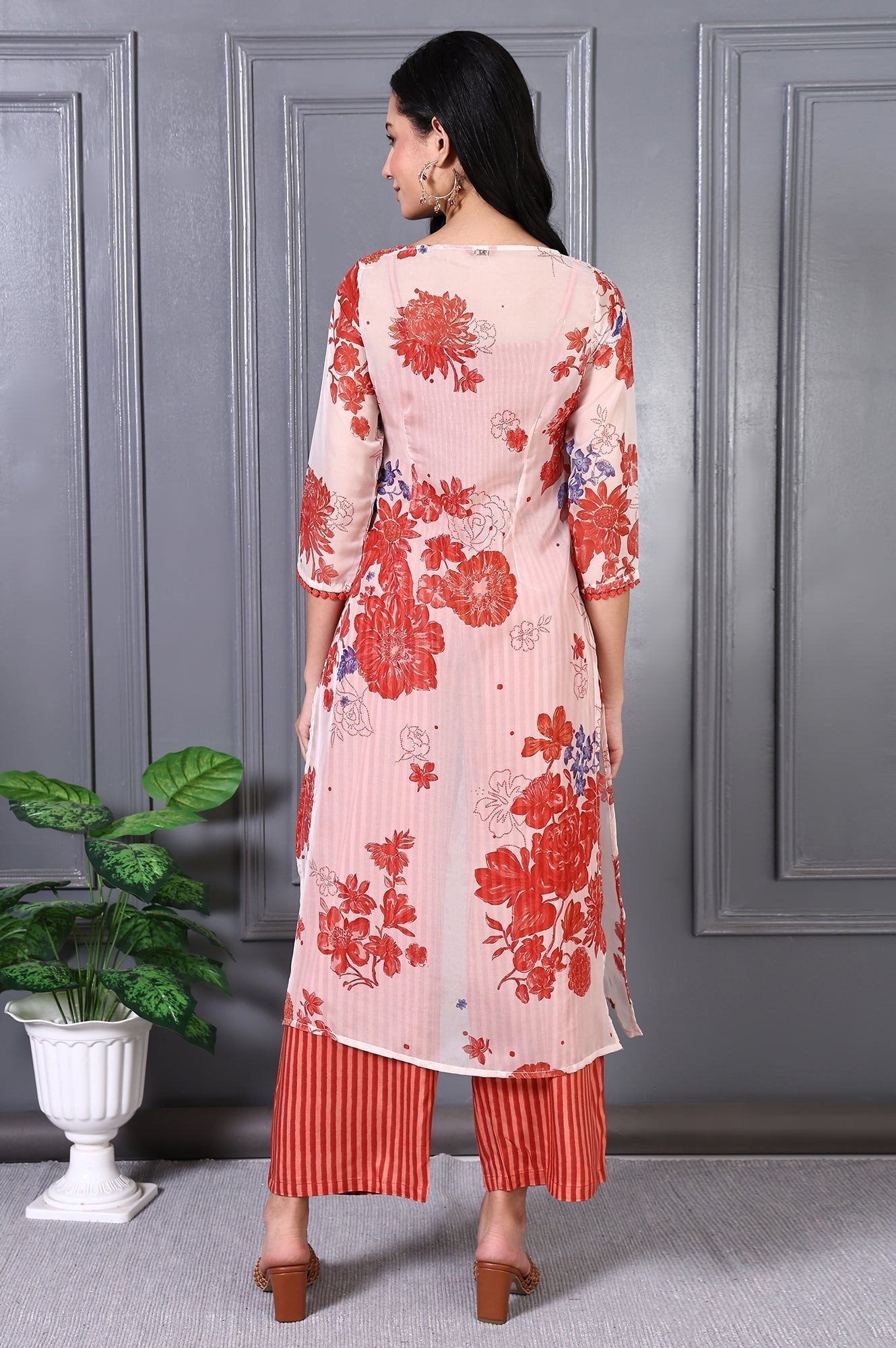 W for Woman Orange Floral Printed Lace Organza A-line Sheer Kurta, Crop Top and Pants Set