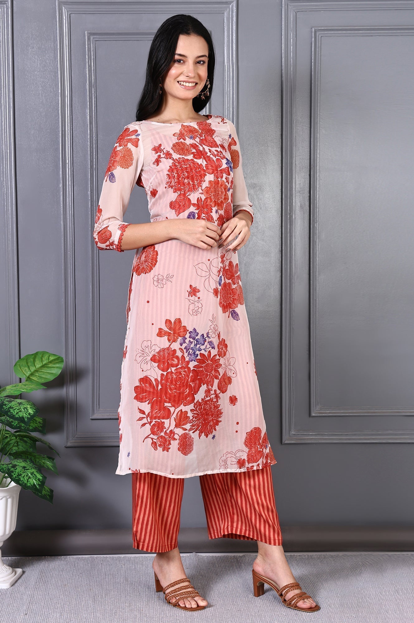 W for Woman Orange Floral Printed Lace Organza A-line Sheer Kurta, Crop Top and Pants Set