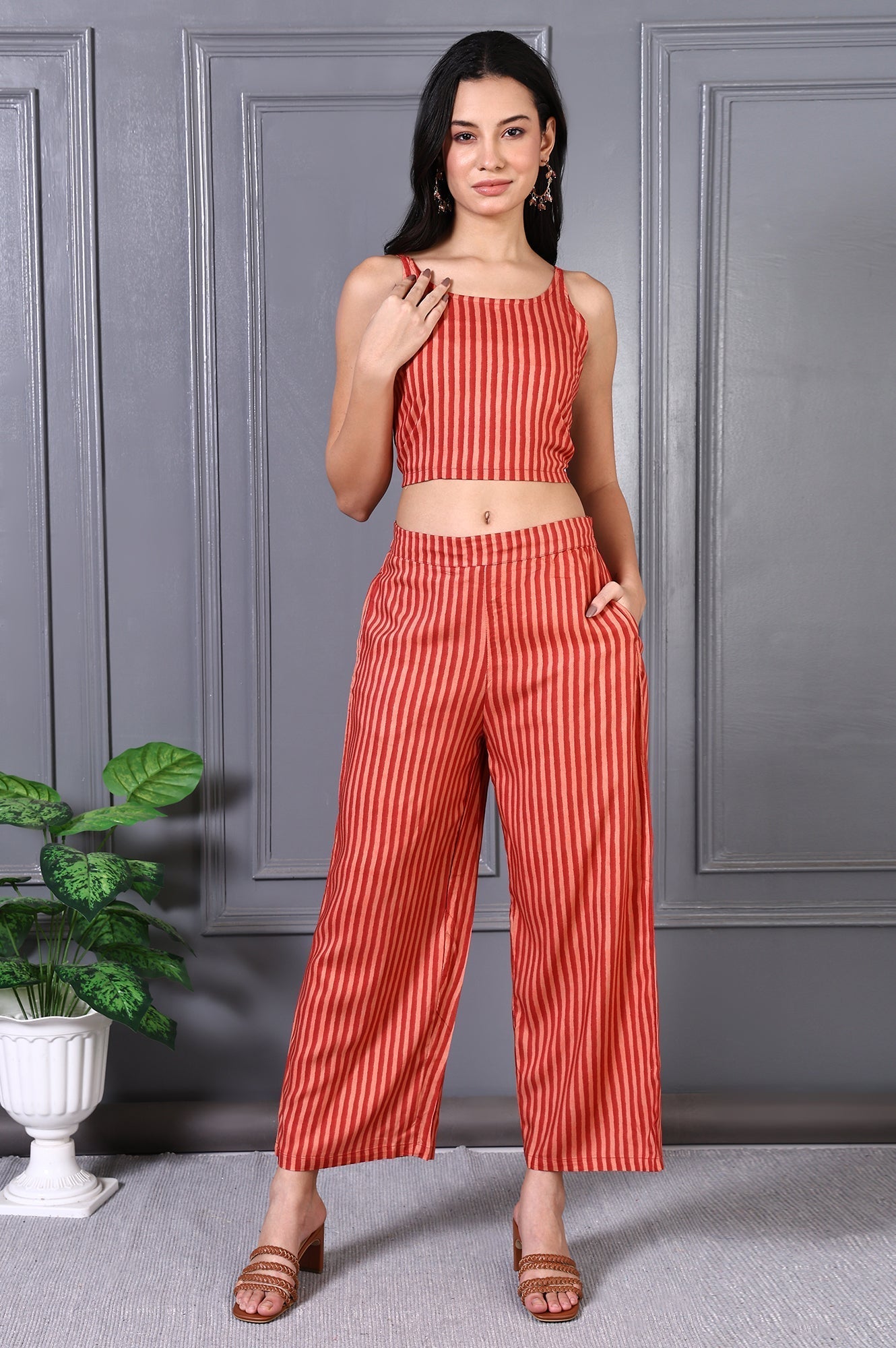 W for Woman Orange Floral Printed Lace Organza A-line Sheer Kurta, Crop Top and Pants Set