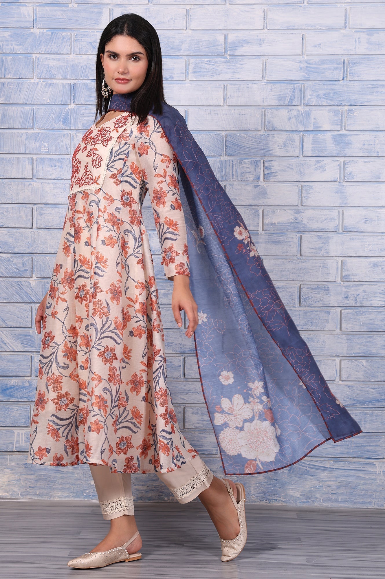 W for Woman Brown Floral Printed Beads Chanderi Flared Kurta, Straight Pant And Dupatta Set
