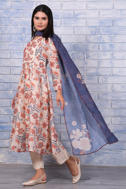 W for Woman Brown Floral Printed Beads Chanderi Flared Kurta, Straight Pant And Dupatta Set