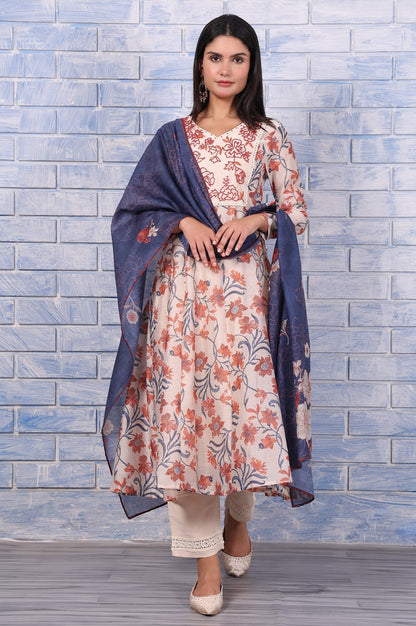 W for Woman Brown Floral Printed Beads Chanderi Flared Kurta, Straight Pant And Dupatta Set
