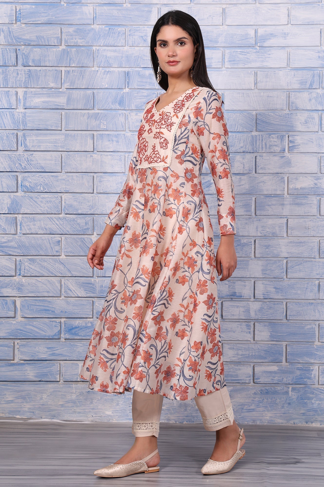 W for Woman Brown Floral Printed Beads Chanderi Flared Kurta, Straight Pant And Dupatta Set