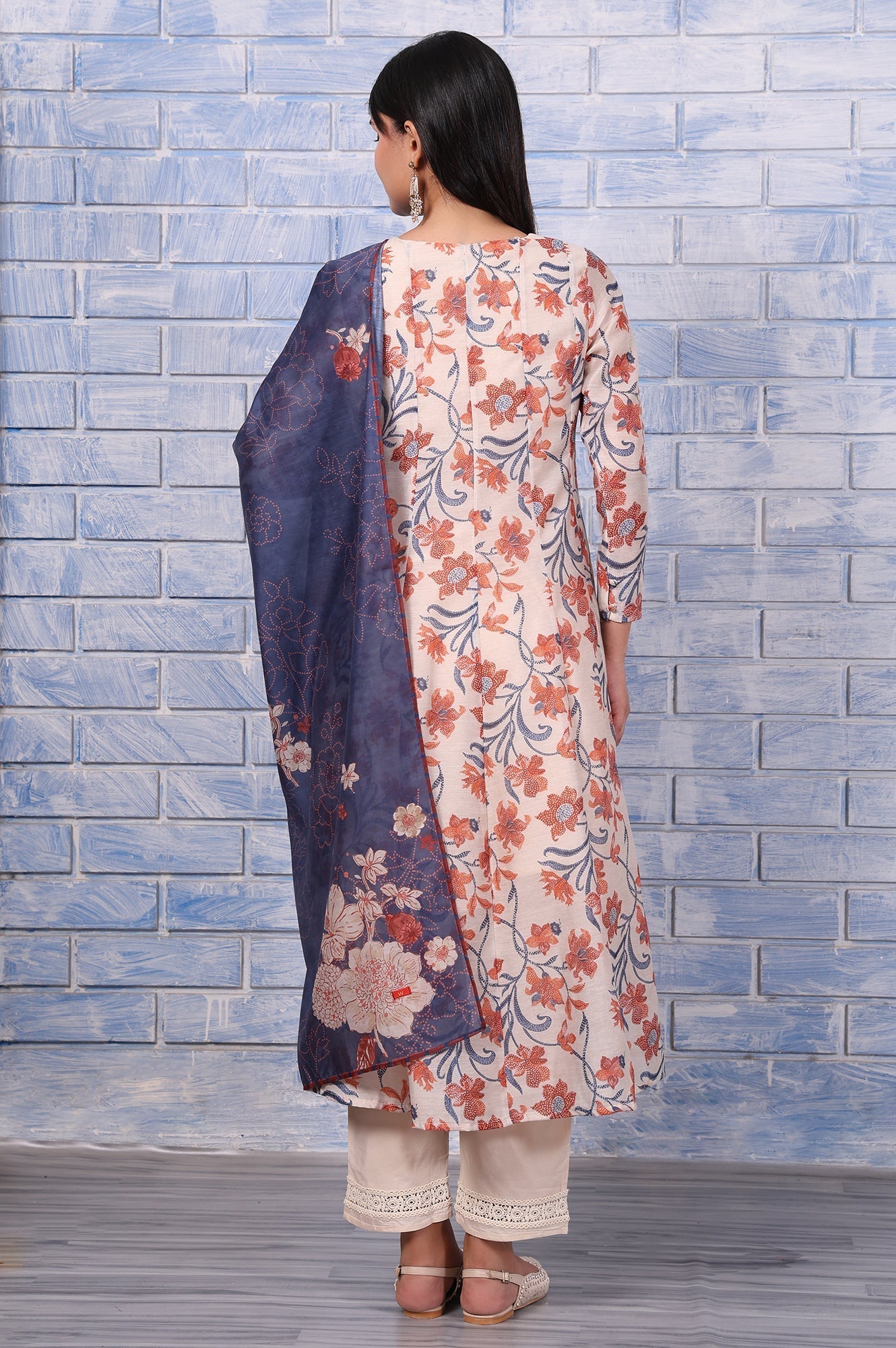 W for Woman Brown Floral Printed Beads Chanderi Flared Kurta, Straight Pant And Dupatta Set