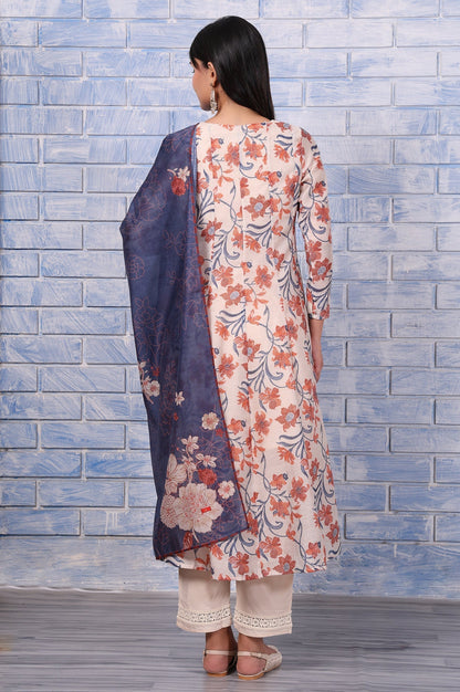 W for Woman Brown Floral Printed Beads Chanderi Flared Kurta, Straight Pant And Dupatta Set