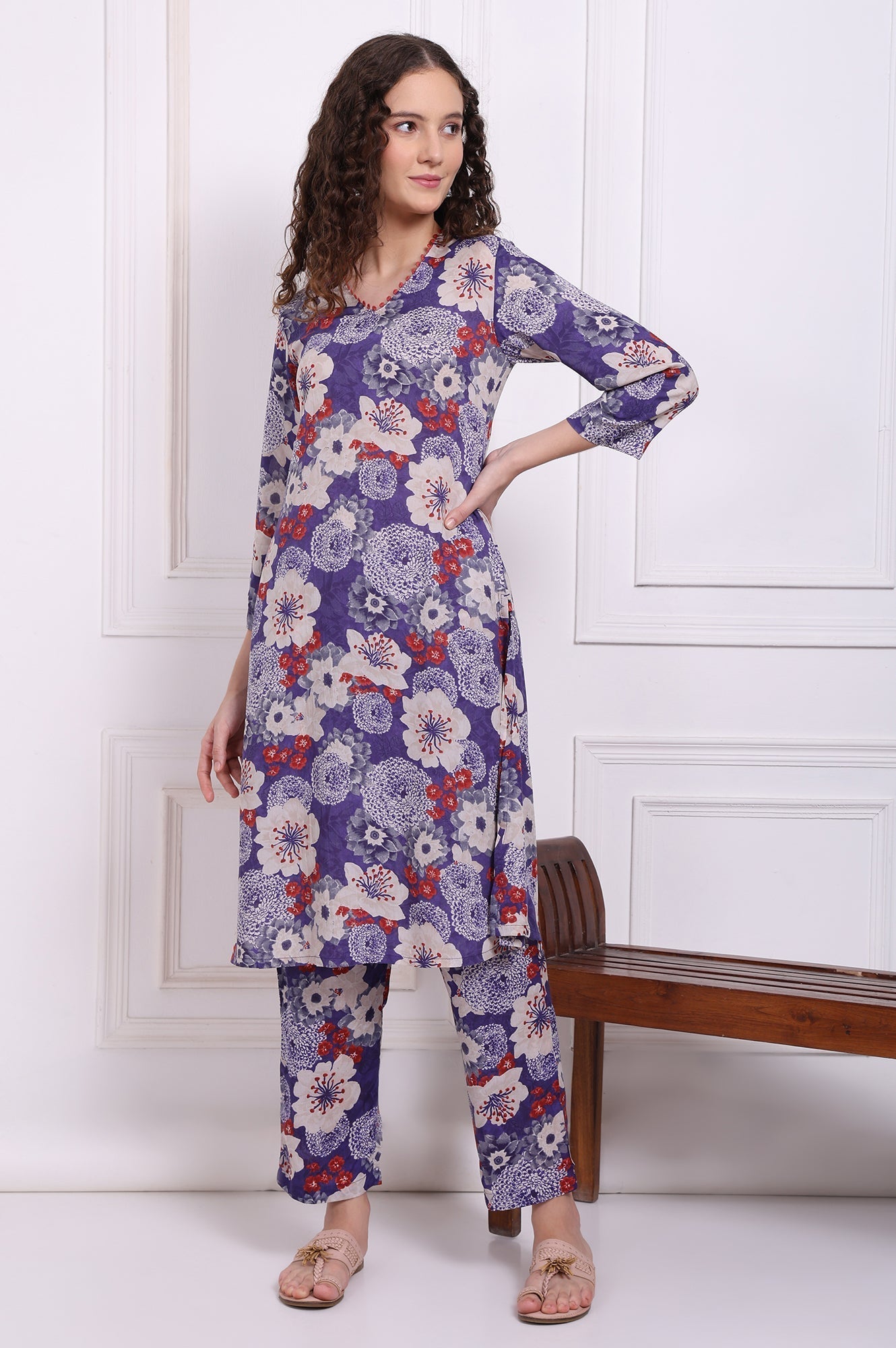 W for Woman Purple Floral Printed Modal Straight Kurta and Pants Co-ord Set