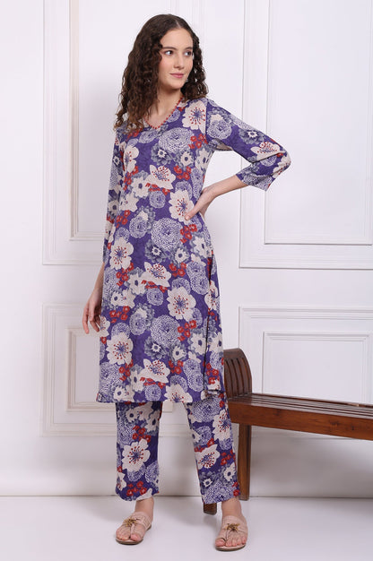 W for Woman Purple Floral Printed Modal Straight Kurta and Pants Co-ord Set