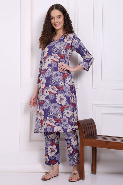 W for Woman Purple Floral Printed Modal Straight Kurta and Pants Co-ord Set