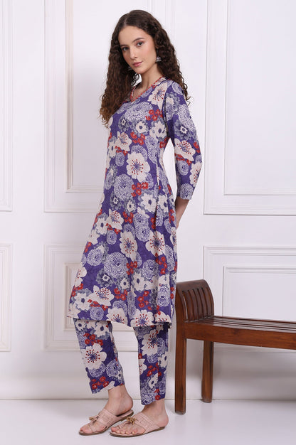 W for Woman Purple Floral Printed Modal Straight Kurta and Pants Co-ord Set