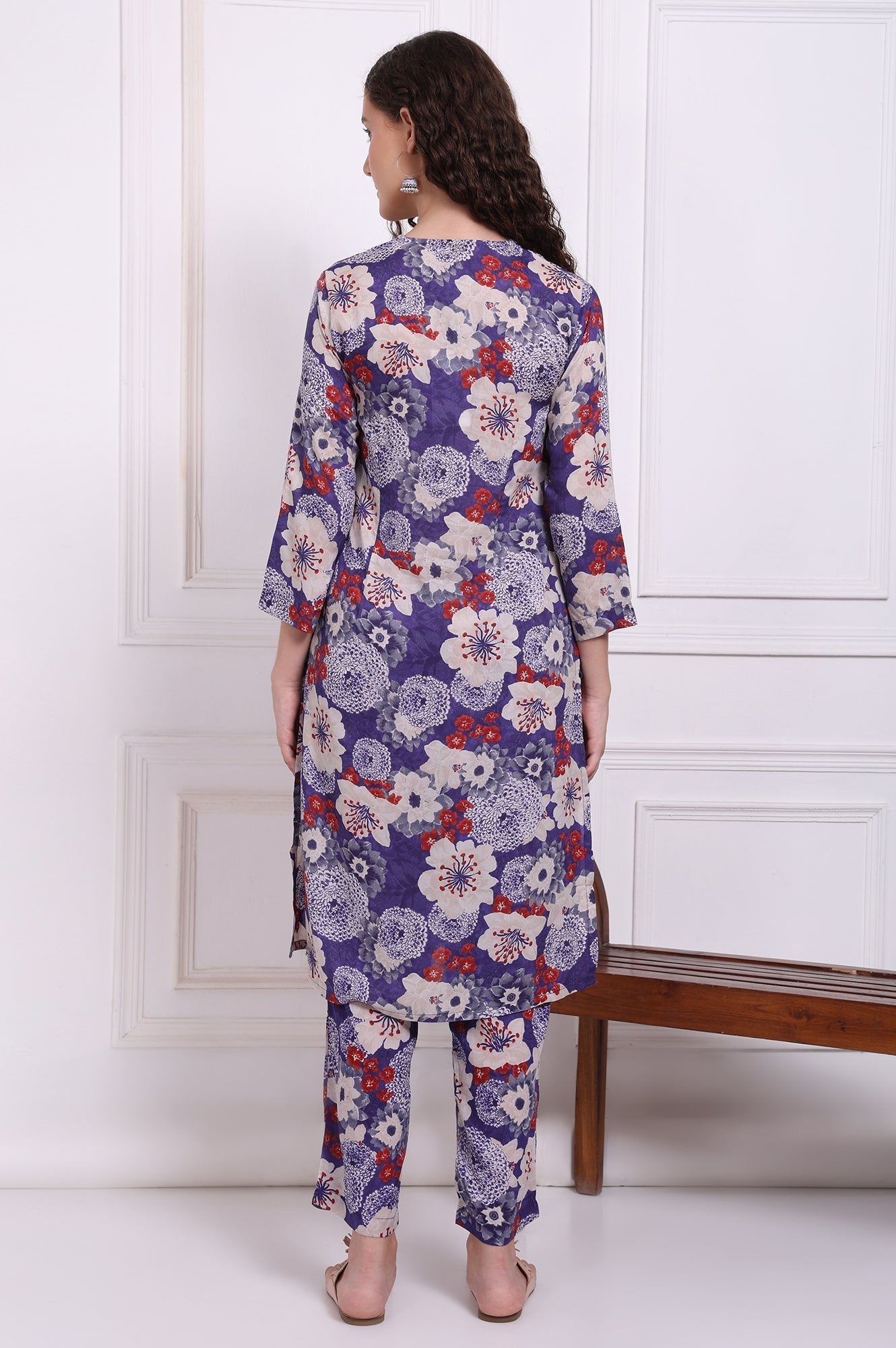 W for Woman Purple Floral Printed Modal Straight Kurta and Pants Co-ord Set