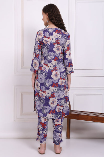 W for Woman Purple Floral Printed Modal Straight Kurta and Pants Co-ord Set