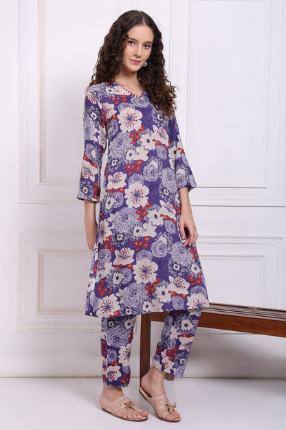 W for Woman Purple Floral Printed Modal Straight Kurta and Pants Co-ord Set