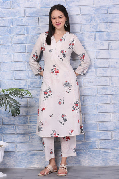 W for Woman Off-White Floral Printed Pure Cotton A-line Kurta and Pants Co-ord Set