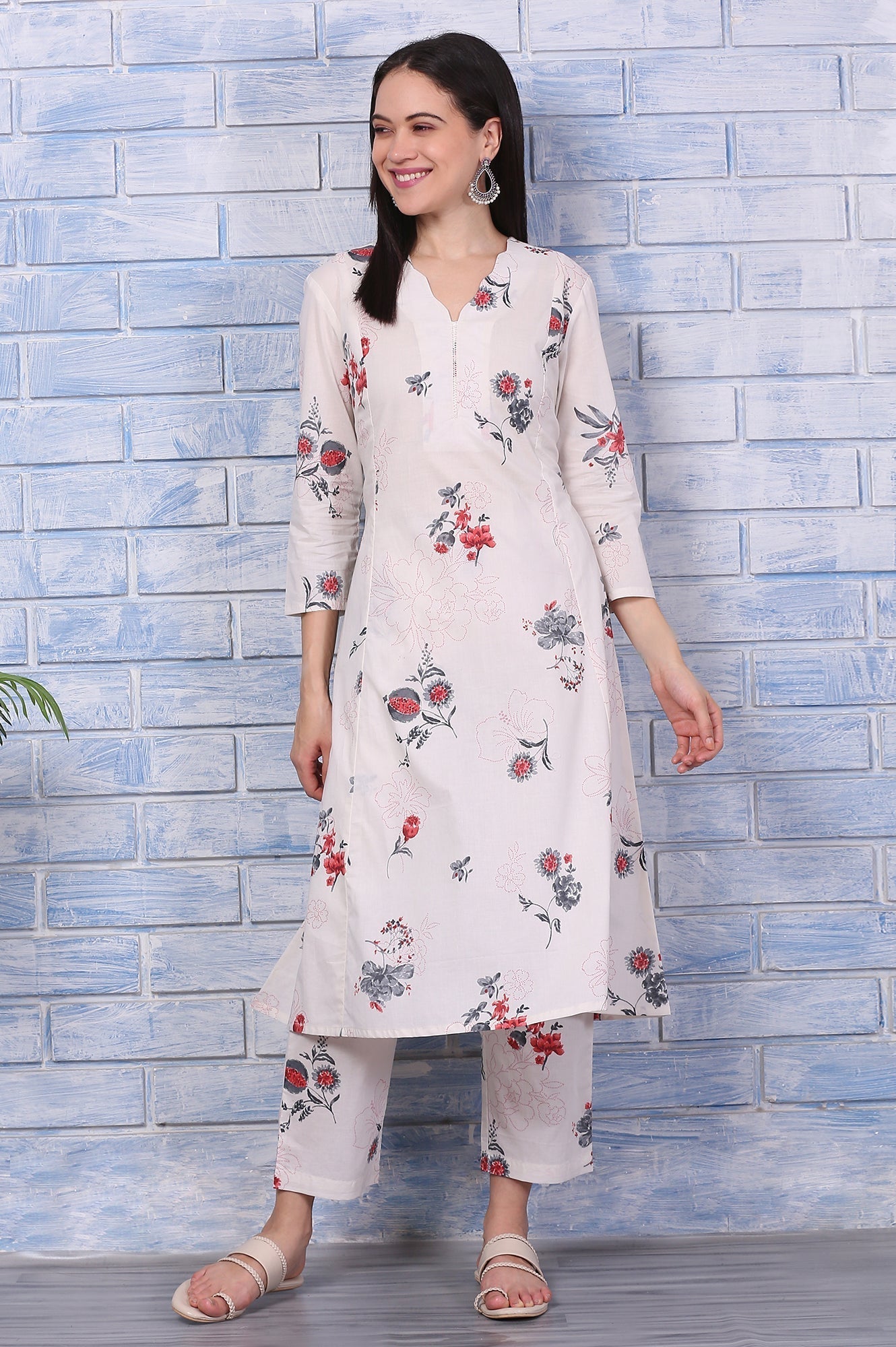 W for Woman Off-White Floral Printed Pure Cotton A-line Kurta and Pants Co-ord Set