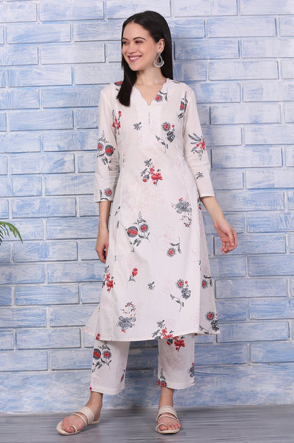 W for Woman Off-White Floral Printed Pure Cotton A-line Kurta and Pants Co-ord Set