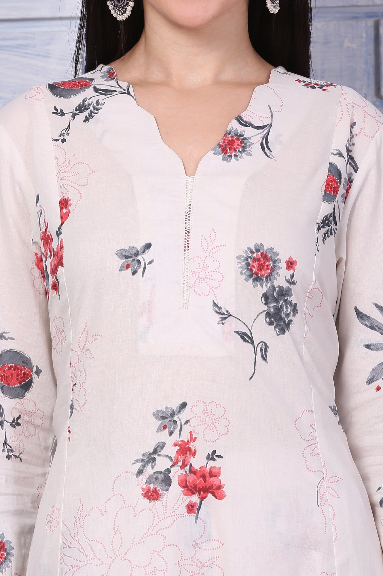 W for Woman Off-White Floral Printed Pure Cotton A-line Kurta and Pants Co-ord Set