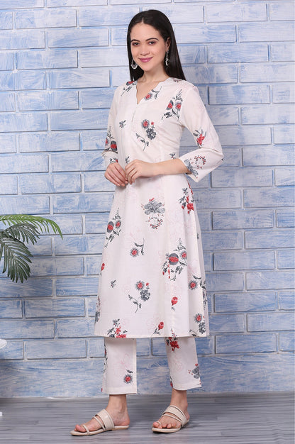 W for Woman Off-White Floral Printed Pure Cotton A-line Kurta and Pants Co-ord Set