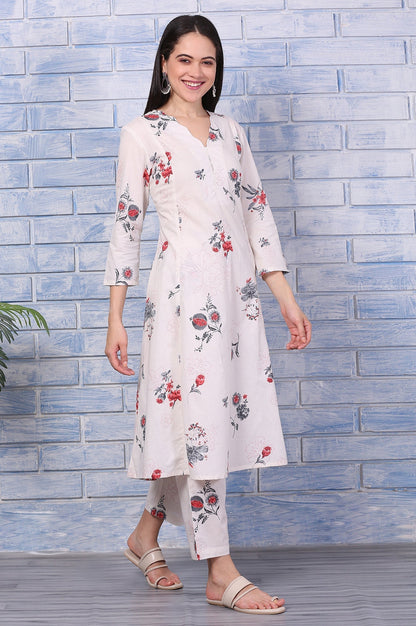 W for Woman Off-White Floral Printed Pure Cotton A-line Kurta and Pants Co-ord Set