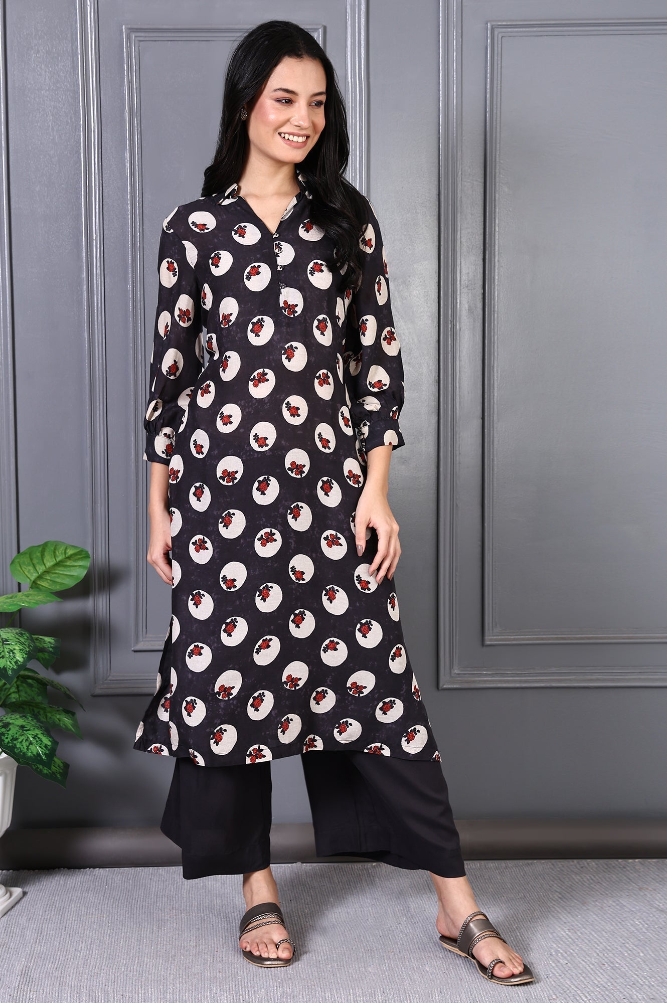 W for Woman Grey Floral Printed Modal A-line Kurta and Pants Set