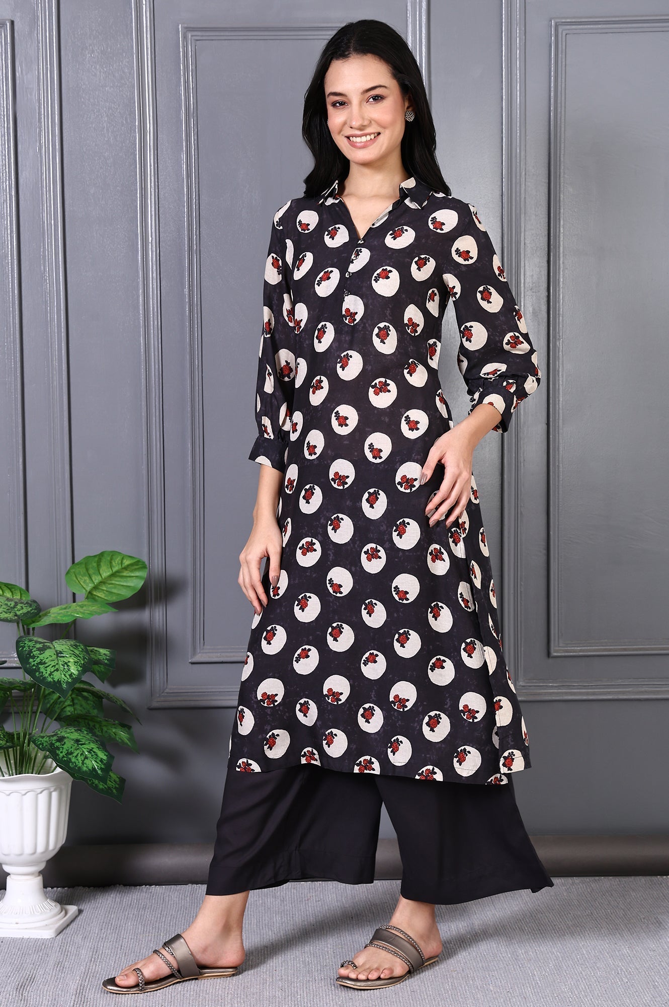 W for Woman Grey Floral Printed Modal A-line Kurta and Pants Set