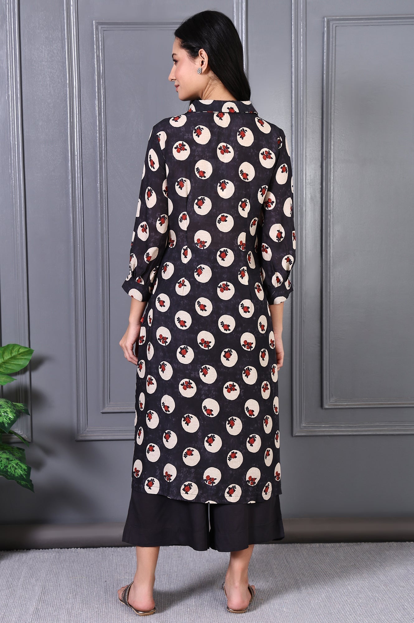 W for Woman Grey Floral Printed Modal A-line Kurta and Pants Set