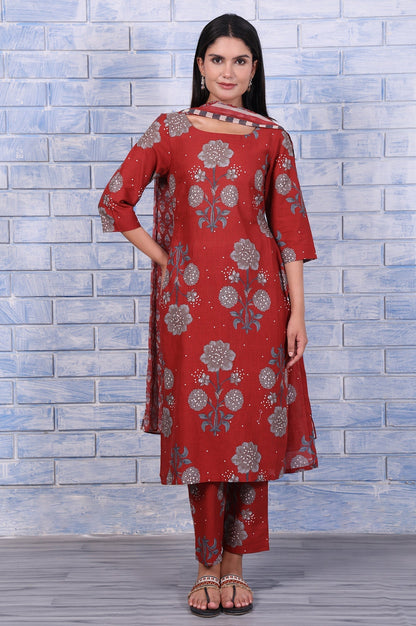 W for Woman Red Floral Printed Pure Cotton A-Line Kurta, Straight Pant And Dupatta Set