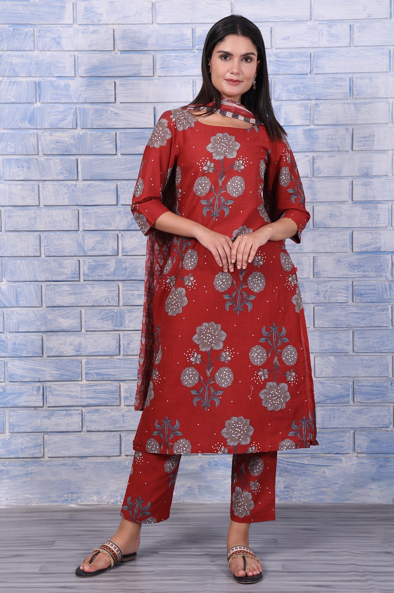 W for Woman Red Floral Printed Pure Cotton A-Line Kurta, Straight Pant And Dupatta Set