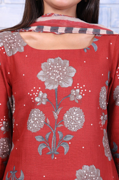 W for Woman Red Floral Printed Pure Cotton A-Line Kurta, Straight Pant And Dupatta Set