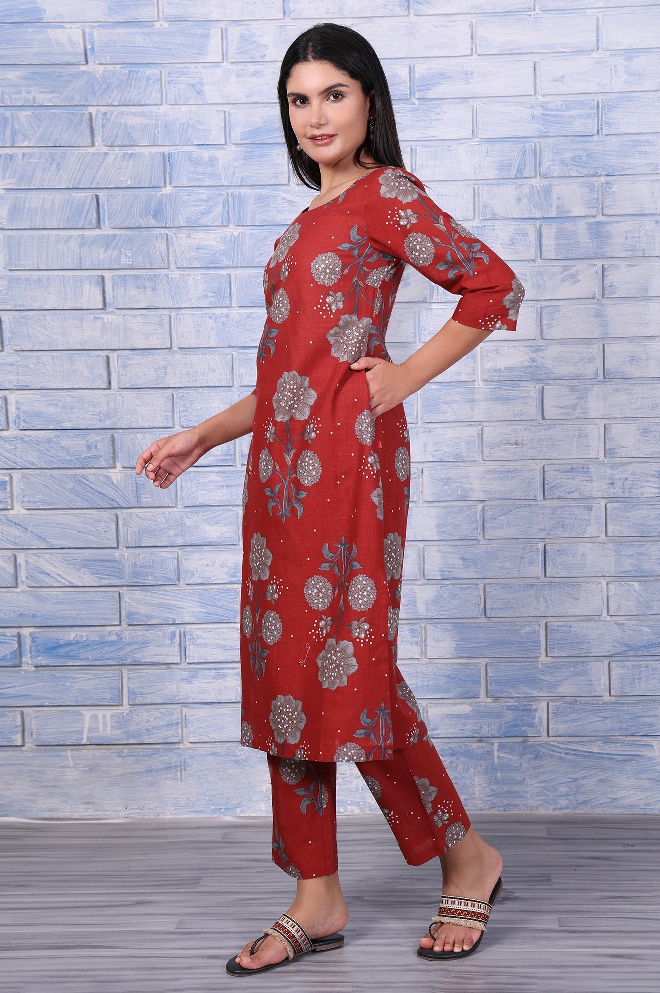 W for Woman Red Floral Printed Pure Cotton A-Line Kurta, Straight Pant And Dupatta Set