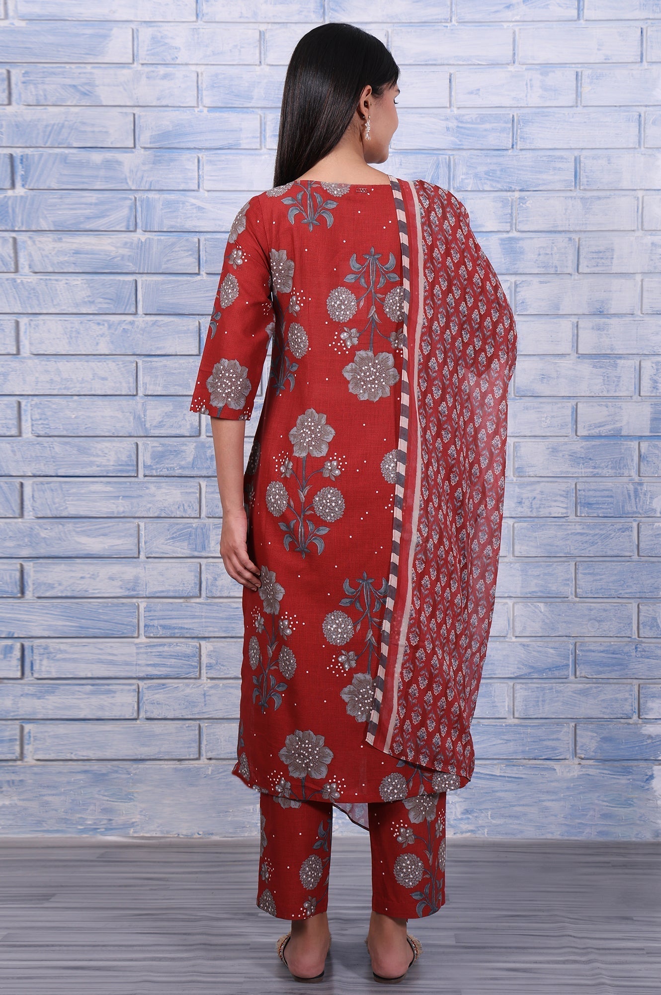 W for Woman Red Floral Printed Pure Cotton A-Line Kurta, Straight Pant And Dupatta Set