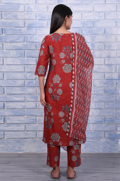 W for Woman Red Floral Printed Pure Cotton A-Line Kurta, Straight Pant And Dupatta Set
