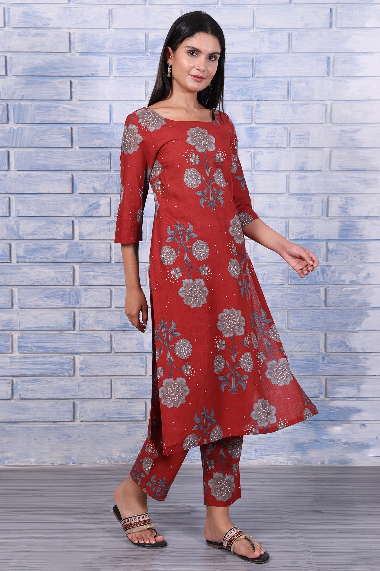 W for Woman Red Floral Printed Pure Cotton A-Line Kurta, Straight Pant And Dupatta Set
