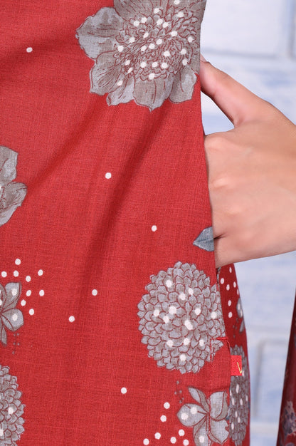 W for Woman Red Floral Printed Pure Cotton A-Line Kurta, Straight Pant And Dupatta Set