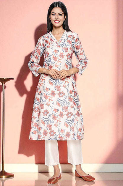 W for Woman Walnut Beige Printed Chanderi A-line Kurta and Straight Pant Set